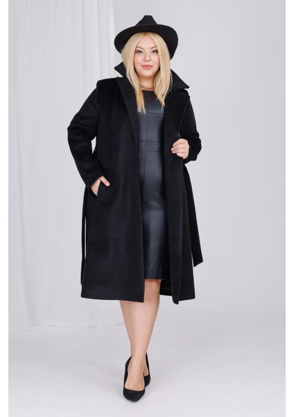 Kadın Siyah Yün Kaşe Kemer ve Astar Detay Büyük Beden Kaban indirimleri