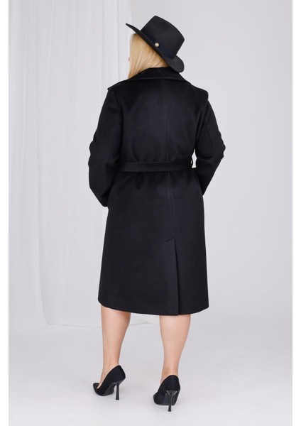 Kadın Siyah Yün Kaşe Kemer ve Astar Detay Büyük Beden Kaban