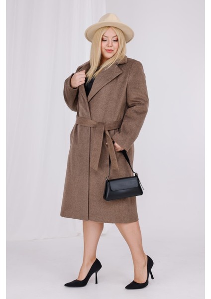 Kadın Kahve Melanj Yün Kaşe Kemer ve Astar Detay Büyük Beden Kaban