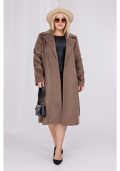 Kadın Kahve Melanj Yün Kaşe Kemer ve Astar Detay Büyük Beden Kaban fiyatları