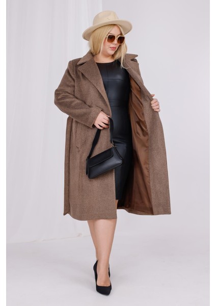 Kadın Kahve Melanj Yün Kaşe Kemer ve Astar Detay Büyük Beden Kaban modelleri