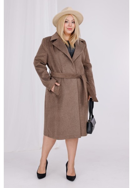 Kadın Kahve Melanj Yün Kaşe Kemer ve Astar Detay Büyük Beden Kaban indirimleri