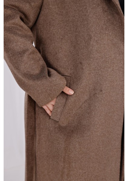 Kadın Kahve Melanj Yün Kaşe Kemer ve Astar Detay Büyük Beden Kaban