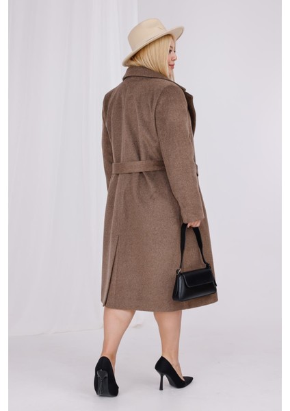 Kadın Kahve Melanj Yün Kaşe Kemer ve Astar Detay Büyük Beden Kaban