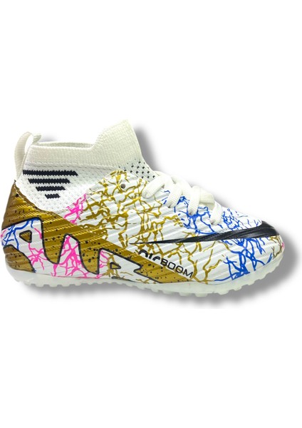 Çocuk Çoraplı Halısaha & Krampon Ayakkabı Beyaz Gold Desenli modelleri