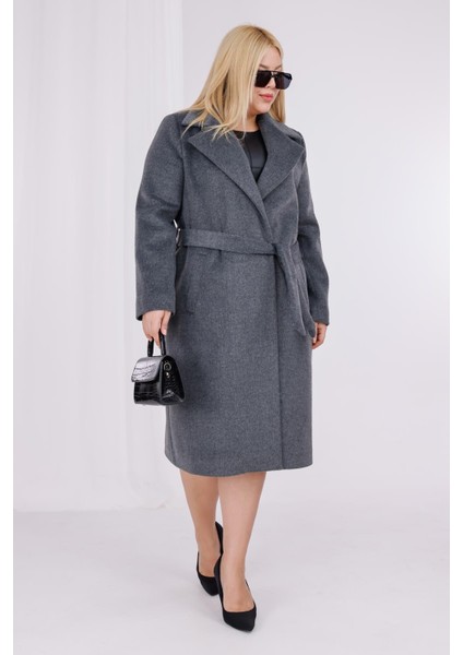 Kadın Gri Yün Kaşe Kemer ve Astar Detay Büyük Beden Kaban indirimleri