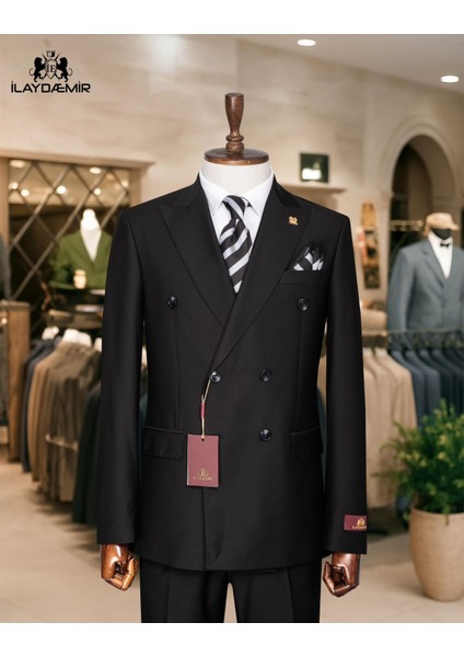 Premıum Tasarım Slım Fıt Kruvaze Erkek Takım Elbise Siyah