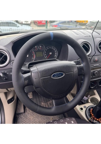 Dikişli Direksiyon Kılıfı Siyah Deri Mavi Yüzük Mavi Dikişli F.ort Connect Fiesta Için