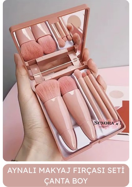 Taşınabilir Aynalı 5'li Makyaj Fırça Seti Göz Farı, Fondöten, Allık Karıştırma, Makyaj Fırçaları