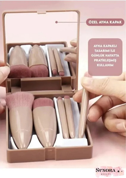 Taşınabilir Aynalı 5'li Makyaj Fırça Seti Göz Farı, Fondöten, Allık Karıştırma, Makyaj Fırçaları fiyatları