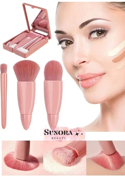 Taşınabilir Aynalı 5'li Makyaj Fırça Seti Göz Farı, Fondöten, Allık Karıştırma, Makyaj Fırçaları modelleri