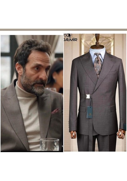 Slım Fıt Kemer Detaylı Erkek Takım Elbise Kahverengi