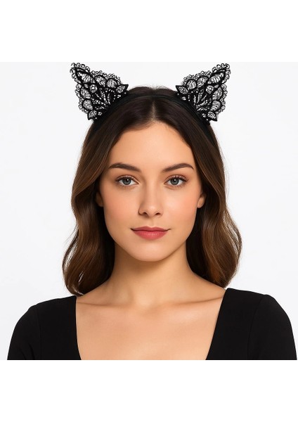 Dantelli Siyah Kedi Tacı - Vintage Tarz Dantel Kedi Kulak