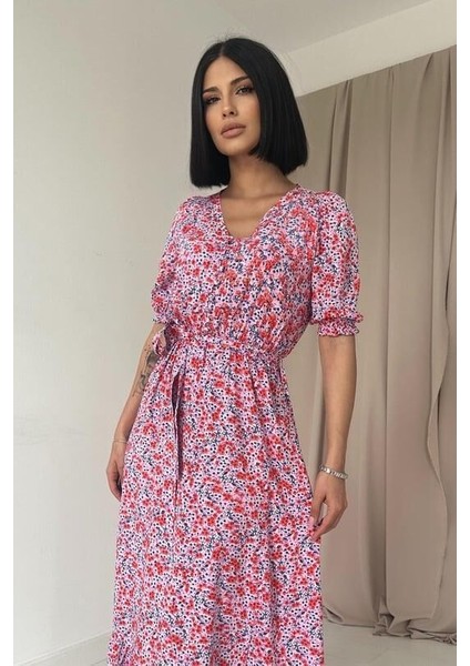 Desenli Uzun Yırtmaçlı Elbise - Pembe