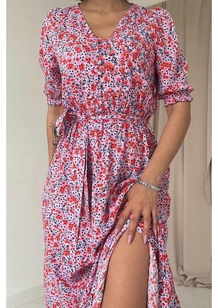 Desenli Uzun Yırtmaçlı Elbise - Pembe fiyatları