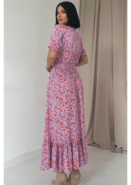 Desenli Uzun Yırtmaçlı Elbise - Pembe modelleri
