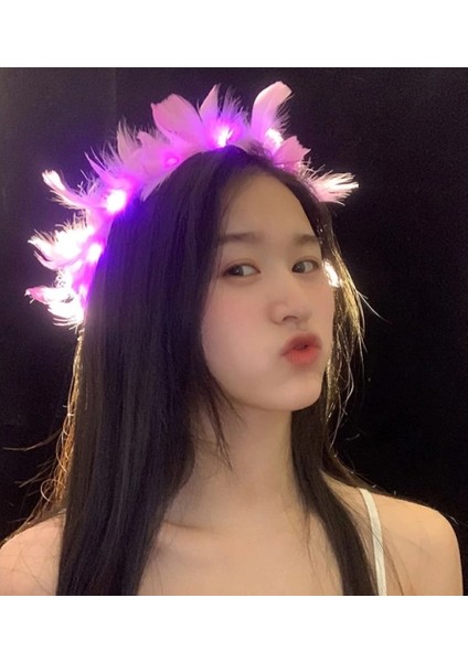 LED Işıklı Rgb 3 Fonksiyonlu Otrişli Parti Tacı Pembe Renk