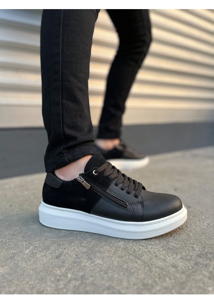Warrior Bağcıklı ve Fermuarlı Cilt Süet Erkek Günlük Sneaker Ayakkabı Csbt - Siyah