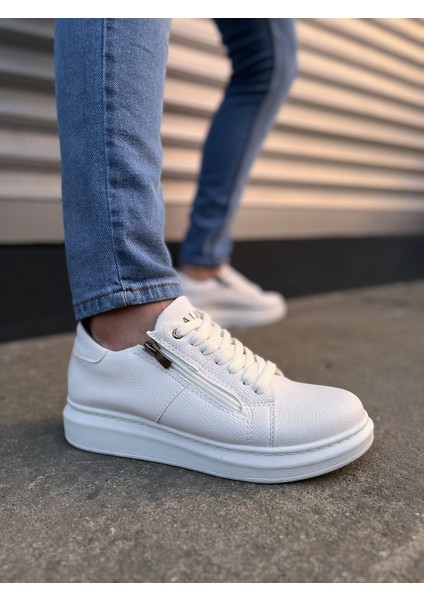 Warrior Bağcıklı ve Fermuarlı Cilt Erkek Günlük Sneaker Ayakkabı CBT - Beyaz