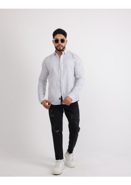 Çizgili Keten Casual Modern Tasarım Erkek Gömlek