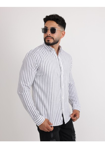 Çizgili Keten Casual Modern Tasarım Erkek Gömlek modelleri