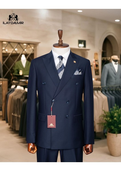 Premıum Tasarım Slım Fıt Kruvaze Erkek Takım Elbise Lacivert
