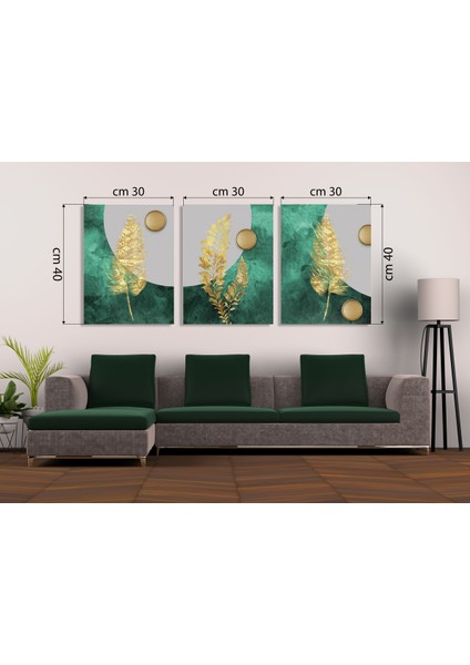 Zümrüt Yeşil & Altın Yaprak Lüks Geometrik 3'lü Mdf Tablo Seti