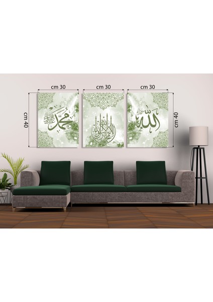 Zeytin Yeşili Su Efektli Hat Sanatı 3'lü Mdf Tablo Seti