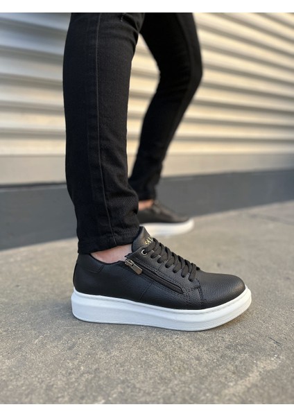 Warrior Bağcıklı ve Fermuarlı Cilt Erkek Günlük Sneaker Ayakkabı CBT - Siyah