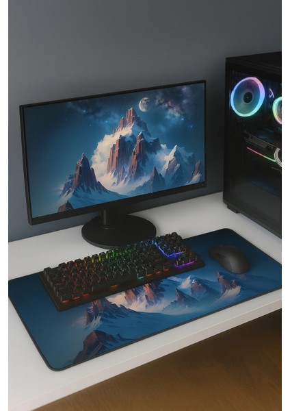 Sonictouch Yükselen Zafer Ay Yıldızlı Dağ Zirvesi Temalı Kaymaz Gaming Oyuncu Dikişsiz Klavye Mouse Pad 32X70CM fiyatları