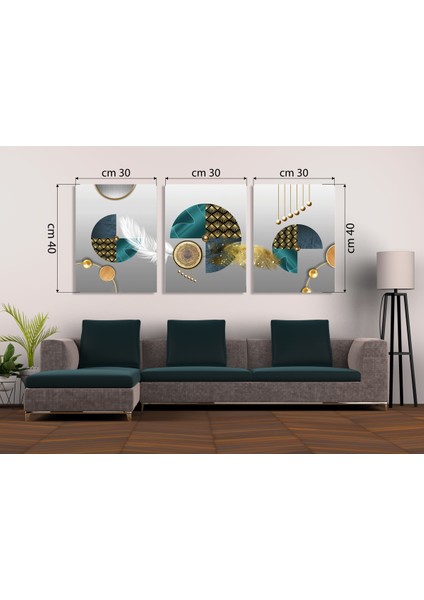 Zümrüt Yeşili & Altın Detaylı Lüks Geometrik 3'lü Mdf Tablo Seti