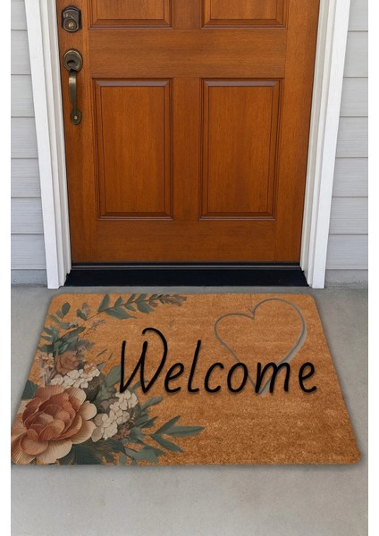 Vintage Kahverengi Zambak ve Kalp Kaymaz Hoş Geldiniz Welcome Kapı Önü Paspası 45X70CM