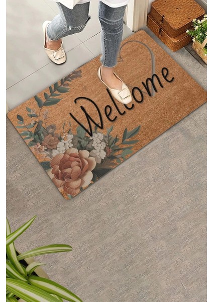 Vintage Kahverengi Zambak ve Kalp Kaymaz Hoş Geldiniz Welcome Kapı Önü Paspası 45X70CM fiyatları