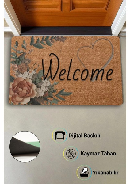 Vintage Kahverengi Zambak ve Kalp Kaymaz Hoş Geldiniz Welcome Kapı Önü Paspası 45X70CM modelleri