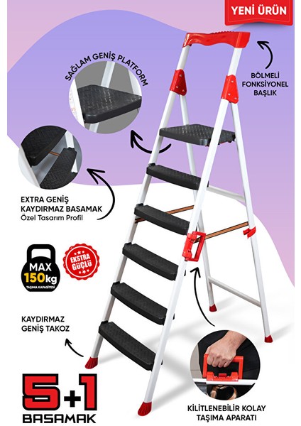 Elegance 5+1 Geniş Basamaklı Kolay Taşıma Aparatlı Merdiven Kaliteli Paslanmaz