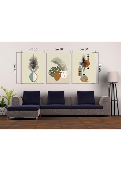 Bohem Stil Botanik Vazo 3'lü Mdf Tablo Seti | Iskandinav Salon Dekoru | Delmeden Kolay Montaj