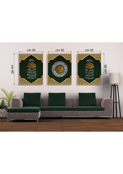 Lüks Yeşil ve Altın Hat Sanatı 3'lü Mdf Tablo Seti
