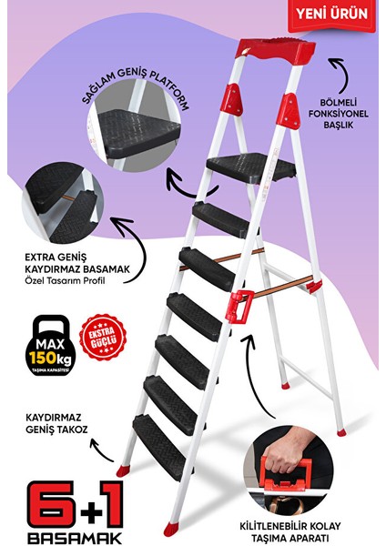 Elegance 6+1 Geniş Basamaklı Kolay Taşıma Aparatlı Merdiven Kaliteli Paslanmaz