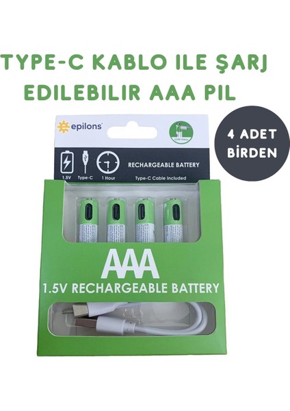 USB Type-C Şarjlı 4 Adet Aaa 1.5V Lityum Kalem Pil 750MAH Uzun Ömürlü ( Lisinya )
