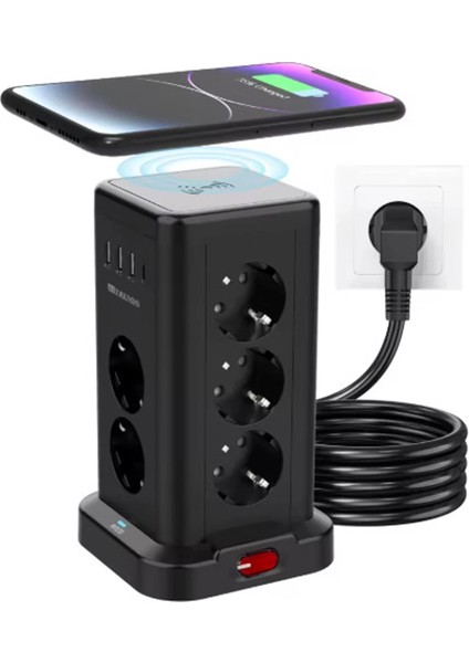 WP711 Akım Korumalı Priz Kablosuz Şarj Istasyonu 11X Soket 3x USB 1xtype-C Kablolu Grup Priz