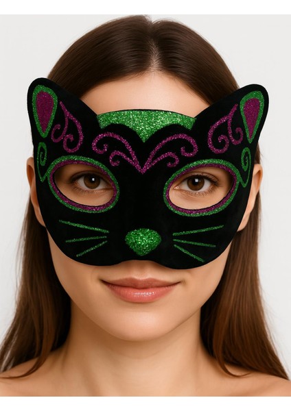 Wizard Siyah Kadife Kaplama Üzeri Pembe Yeşil Sim Işlemeli Kedi Maskesi 20X13 cm