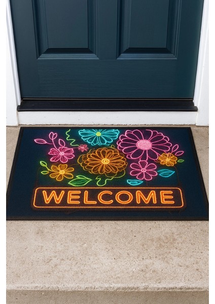 Neon Papatya Çiçekleri Kaymaz Tabanlı Hoş Geldiniz Welcome Kapı Önü Paspası 45X70CM
