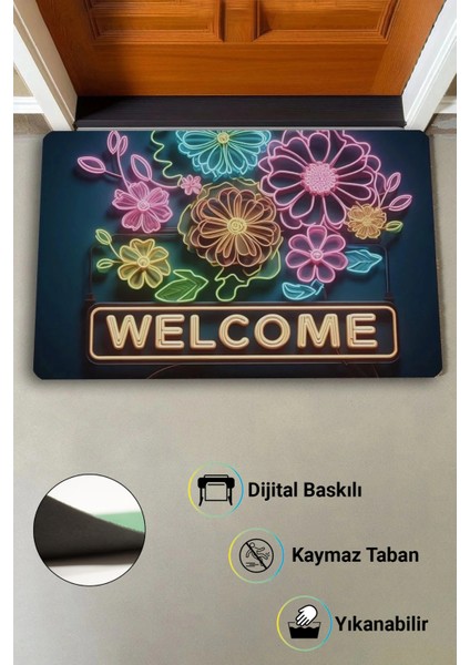 Neon Papatya Çiçekleri Kaymaz Tabanlı Hoş Geldiniz Welcome Kapı Önü Paspası 45X70CM modelleri