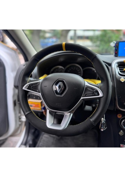 Dikişli Direksiyon Kılıfı Nubuk Deri Noktalı Deri Sarı Yüzük Reno Taliant Clio Için