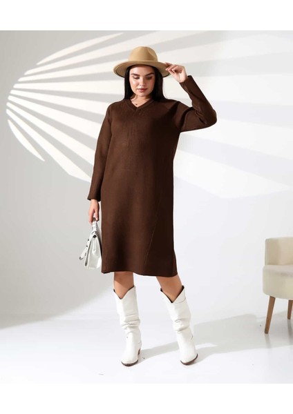 V Yaka Modern Uzun Triko Elbise fiyatları