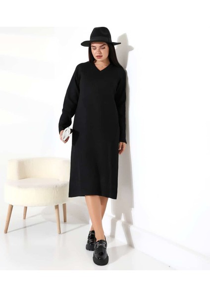 V Yaka Modern Uzun Triko Elbise