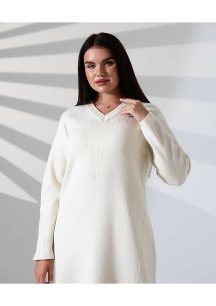 V Yaka Modern Uzun Triko Elbise modelleri