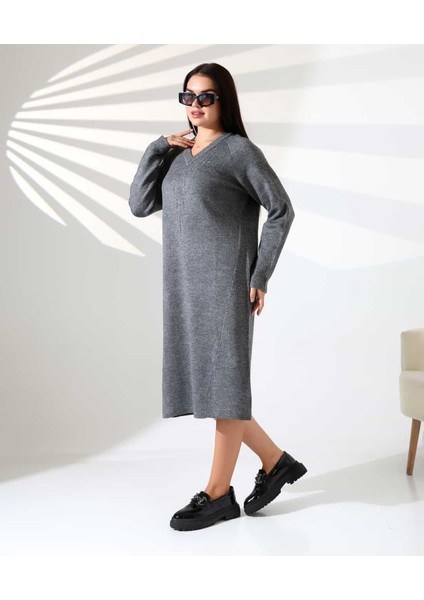 V Yaka Modern Uzun Triko Elbise modelleri