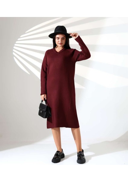 V Yaka Modern Uzun Triko Elbise