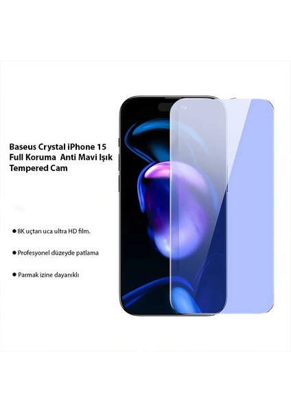 Baseus Crystal iPhone 15 Full Koruma Anti Mavi Işık Tempered Cam Ekran Koruyucu 2 Adet SET-(1903)